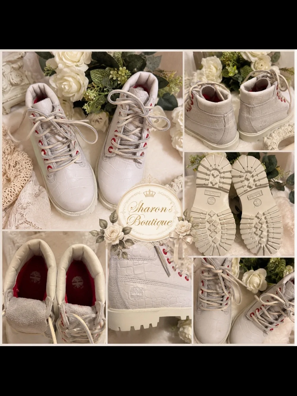 Timberland Kids White Croc Embossed Boots Red Lining Size 10.5 Toddler EUC